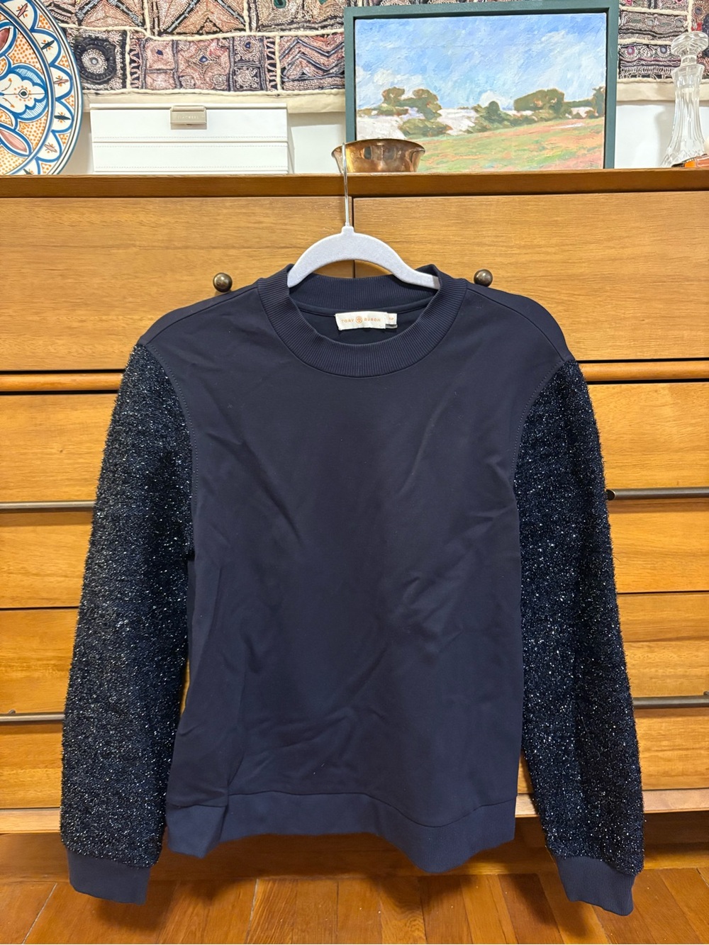 Tory Burch Tinsel Crew Neck Sweater Navy Blue Women’s Small Sweatshirt